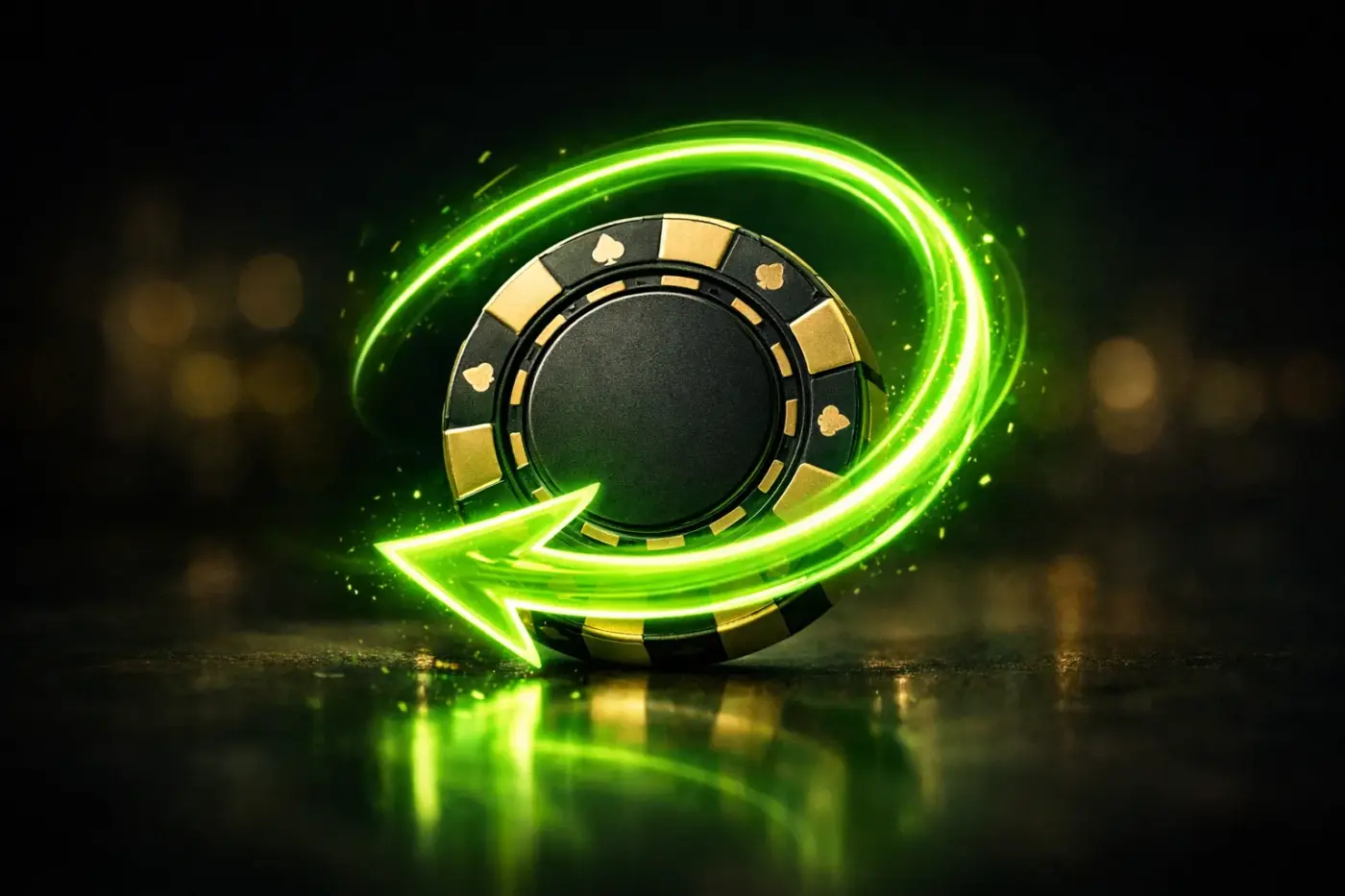 Mũi tên tròn hoàn trả màu xanh lá neon vẽ bằng ánh sáng xoay quanh một chip casino, nền tối, phong cách futuristic