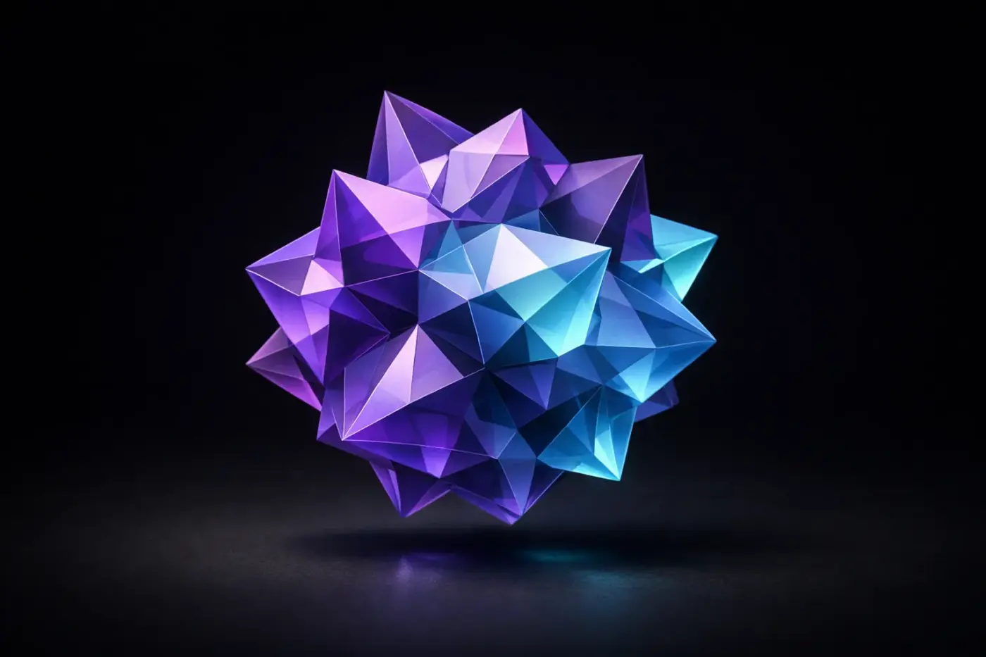 Mô hình 3D polygon trừu tượng màu tím-xanh lơ lửng trên nền đen, ánh sáng studio mềm, góc 3/4
