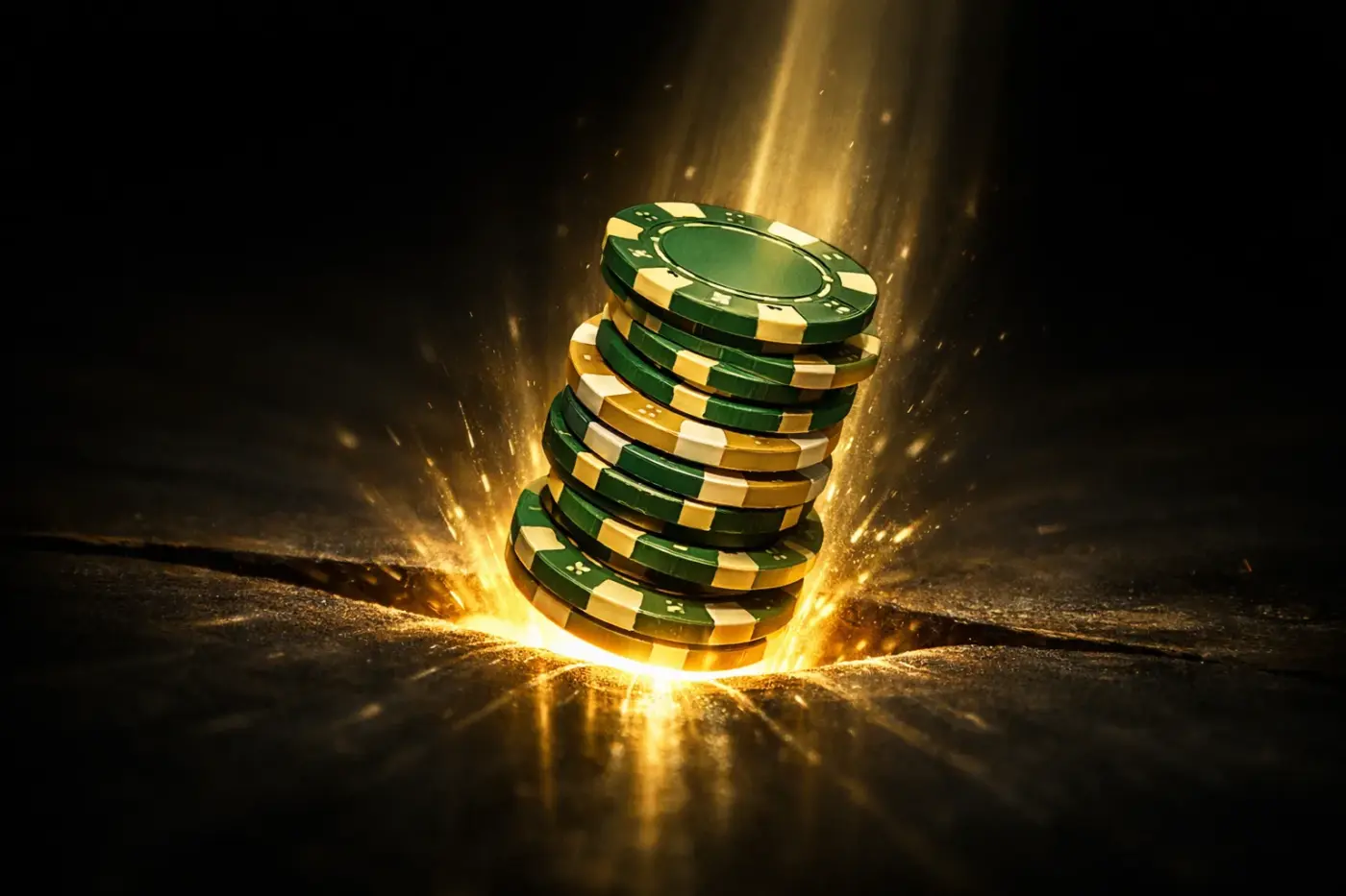 Chồng chip casino nhỏ rơi vào khe sáng vàng ở trung tâm, nền đen, hiệu ứng chuyển động nhẹ