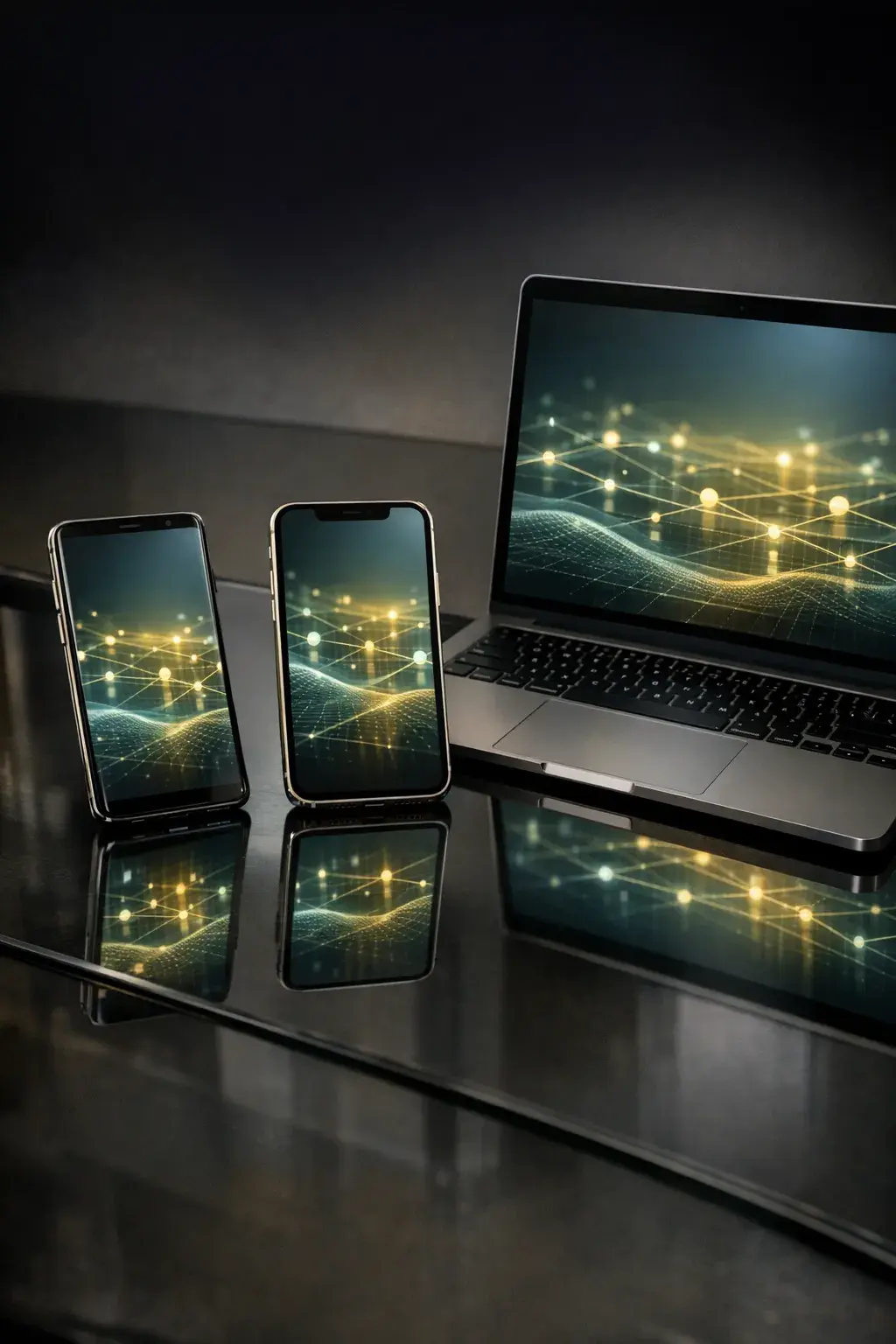 Ảnh chính nền tối: ba thiết bị xếp cạnh nhau — điện thoại Android, iPhone và laptop — màn hình phát sáng ánh xanh dịu với giao diện trừu tượng dạng lưới, góc chụp hơi chéo trên bàn